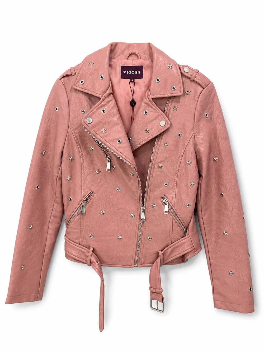Vigoss Pink Faux Leather Studded Moto Biker Jacket